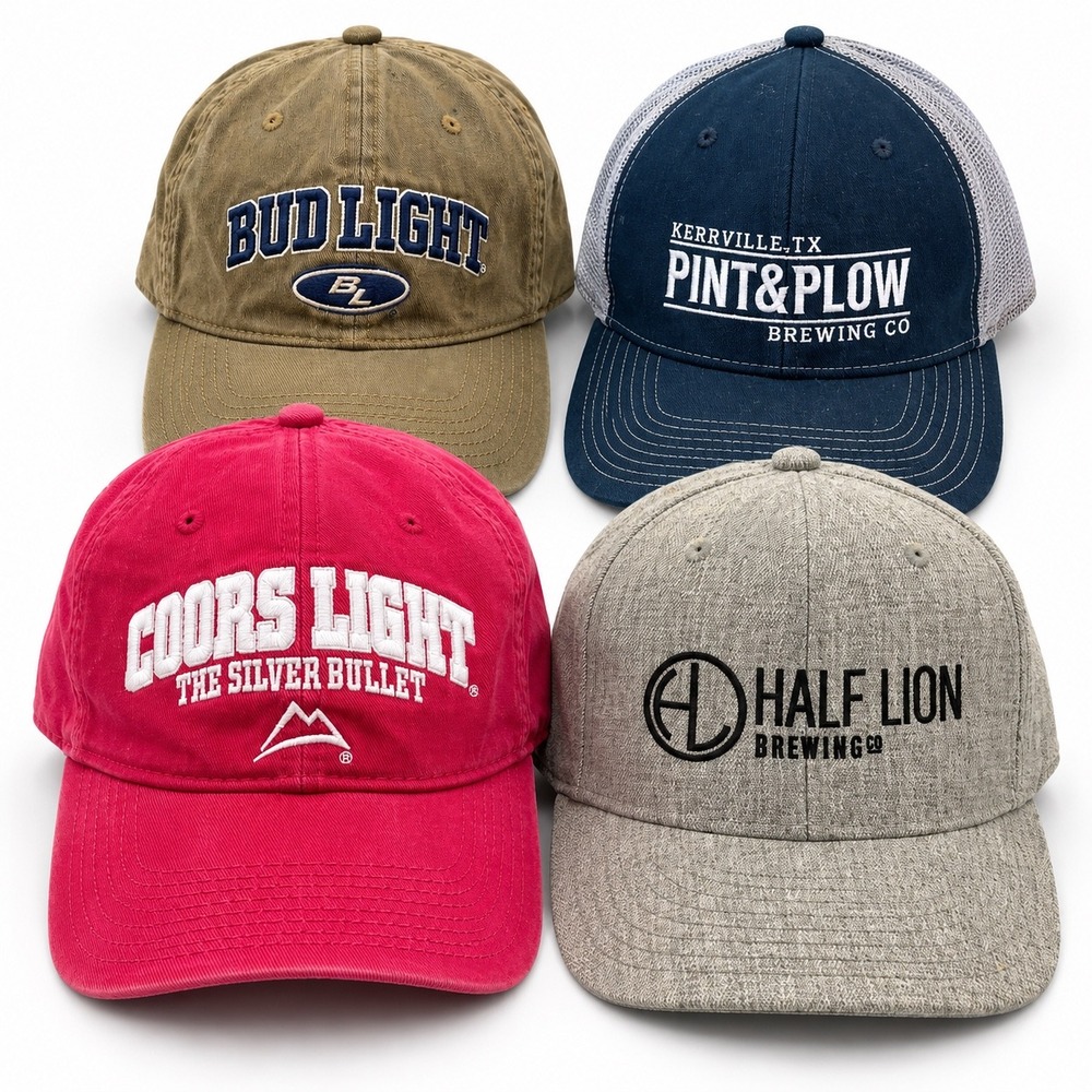 Beer Hat Lot of 4 Coors Light Bud Light Half Lion Pint & Plow Brewery Caps
